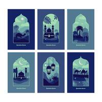 Collection of oriental style Islamic windows and arches with modern boho design, moon, mosque dome and lanterns vector