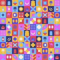 Geometric style colorful Islamic Ramadan Kareem banner, poster design, pattern and geometrical background. Mosque, moon, dome and lanterns. Minimalistic illustrations vector