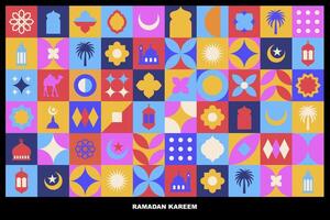 Geometric style colorful Islamic Ramadan Kareem banner, poster design, pattern and geometrical background. Mosque, moon, dome and lanterns. Minimalistic illustrations vector