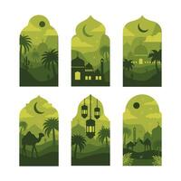 Collection of oriental style Islamic windows and arches with modern boho design, moon, mosque dome and lanterns vector