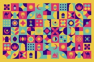 Geometric style colorful Islamic Ramadan Kareem banner, poster design, pattern and geometrical background. Mosque, moon, dome and lanterns. Minimalistic illustrations vector