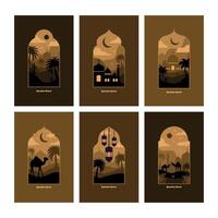 Collection of oriental style Islamic windows and arches with modern boho design, moon, mosque dome and lanterns vector