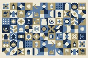 Geometric style colorful Islamic Ramadan Kareem banner, poster design, pattern and geometrical background. Mosque, moon, dome and lanterns. Minimalistic illustrations vector