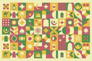 Geometric style colorful Islamic Ramadan Kareem banner, poster design, pattern and geometrical background. Mosque, moon, dome and lanterns. Minimalistic illustrations vector