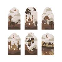 Collection of oriental style Islamic windows and arches with modern boho design, moon, mosque dome and lanterns vector