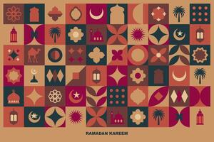 Geometric style colorful Islamic Ramadan Kareem banner, poster design, pattern and geometrical background. Mosque, moon, dome and lanterns. Minimalistic illustrations vector