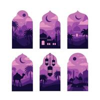 Collection of oriental style Islamic windows and arches with modern boho design, moon, mosque dome and lanterns vector