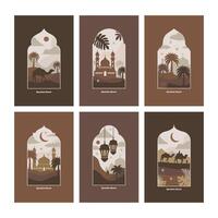 Collection of oriental style Islamic windows and arches with modern boho design, moon, mosque dome and lanterns vector