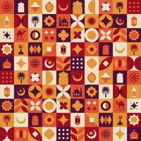 Geometric style colorful Islamic Ramadan Kareem banner, poster design, pattern and geometrical background. Mosque, moon, dome and lanterns. Minimalistic illustrations vector