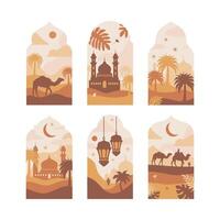 Collection of oriental style Islamic windows and arches with modern boho design, moon, mosque dome and lanterns vector