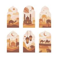 Collection of oriental style Islamic windows and arches with modern boho design, moon, mosque dome and lanterns vector