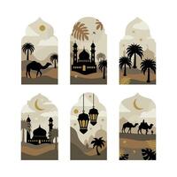 colección de oriental estilo islámico ventanas y arcos con moderno boho diseño, luna, mezquita Hazme y linternas vector