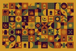 Geometric style colorful Islamic Ramadan Kareem banner, poster design, pattern and geometrical background. Mosque, moon, dome and lanterns. Minimalistic illustrations vector