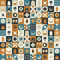 Geometric style colorful Islamic Ramadan Kareem banner, poster design, pattern and geometrical background. Mosque, moon, dome and lanterns. Minimalistic illustrations vector