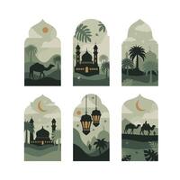 Collection of oriental style Islamic windows and arches with modern boho design, moon, mosque dome and lanterns vector