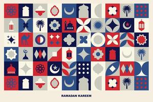 Geometric style colorful Islamic Ramadan Kareem banner, poster design, pattern and geometrical background. Mosque, moon, dome and lanterns. Minimalistic illustrations vector