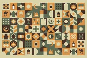 Geometric style colorful Islamic Ramadan Kareem banner, poster design, pattern and geometrical background. Mosque, moon, dome and lanterns. Minimalistic illustrations vector