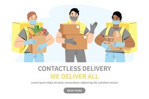 Couriers in medical mask. Safe contactless delivery service concept, delivery home. Coronavirus quarantine shop or store food or medical supplies express fast delivery service. Vector illustration