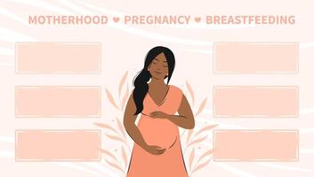 Banner about pregnancy, breastfeeding and motherhood. Pregnant woman, future mom. Tips, different data, informations expectant mothers. Vector illustration.