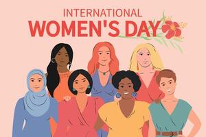 Women's Day horizontal banner. Multinational multicultural group of women. Struggle for freedom, equality and independence concept, 8 March. Vector illustration
