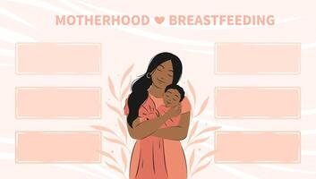 Banner about breastfeeding and motherhood. Woman and baby with dark skin and hair. Tips for breastfeeding mothers. Different data, informations about breastfeeding. Vector illustration.