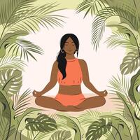 mujer meditando sentado en loto en el naturaleza. yoga, meditación, relajarse, sano estilo de vida. vector ilustración