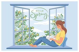 Hello spring. Woman reading book and sitting at the spring window. Spring vector illustration for  bookshop, library, bookstore or education.