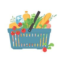 Grocery basket. Shopping Cart Full of Different Production Vegetables, Bread, Sausages, Greenery, Cheese, Milk, Juice, Vegetable oil. Vector illustration in flat style.