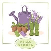 Gardening, growing plants, agricultural tools. Hello garden.  Vector illustration.