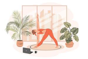 Young woman doing yoga exercises and stretching on the mat. Girl watching online classes on laptop. Female character practicing in yoga studio or home. Flat vector illustration.