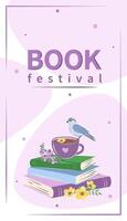 Book festival. Layout design for bookstore, library. Books with spring flowers. Vector illustration