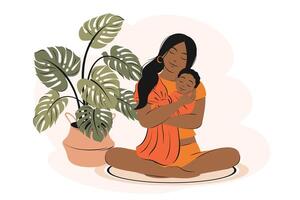 mujer es participación recién nacido bebé. bebé niño en honda sensación amor y proteccion desde su madre. familia, salud, cuidado, maternidad concepto, contento de la madre día. plano vector ilustración.