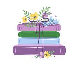 Books with spring flowers on white background.  Design for spring greeting card, bookstore, library.  Vector illustration