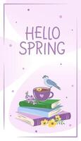 Hello spring. Layout design for bookstore, library. Books with spring flowers. Vector illustration