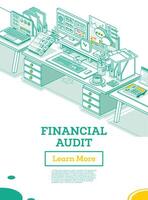 Financial Audit. Workplace of an Auditor or Accountant. Isometric Business Concept. Account Tax Report. Two Computers on Desk with Documents in Office. Calculating Balance. vector