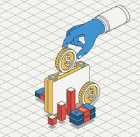 mano pone un dólar moneda dentro de el maletín. isométrica ahorro dinero concepto. invertir y abierto banco depósito. apilar de dólares 3d objetos. moderno brutalismo estilo. dinero caja. vector