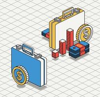 Business briefcase with columns, dollar coin and stack of dollars. Isometric outline concept. 3d objects. Modern brutalism style. vector