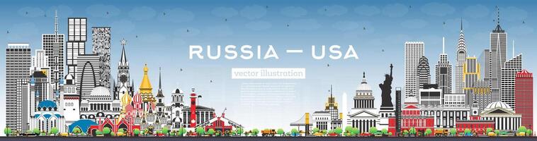 Russia and USA skyline with gray buildings and blue sky. Famous landmarks. USA and Russia concept. Diplomatic relations between countries. vector