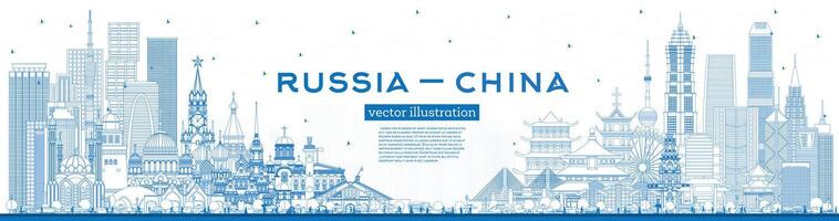 Outline Russia and China skyline with blue buildings. Famous landmarks. Vector illustration. China and Russia concept. Diplomatic relations between countries.