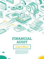 Financial Audit. Isometric Business Concept. Account Tax Report. Open Folder with Documents. Calendar and Magnifier. Report Under Magnifying Glass. Calculating Balance. vector
