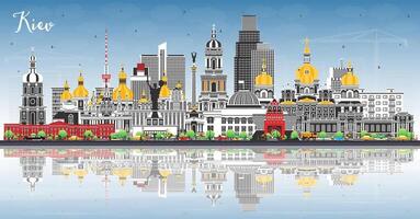 Kiev Ukraine city skyline with color buildings, blue sky and reflections. Kyiv cityscape with landmarks. Business travel and tourism concept with historic architecture. vector