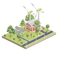 Isometric old red house with solar panels and wind turbines in suburb. Eco friendly house. Infographic element. City architecture isolated on white. Ecologically clean city. vector