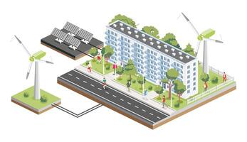 Isometric residential six storey building with people, road and trees. Infographic element. Solar panels and wind turbines. Green eco friendly house. Infographic element. vector