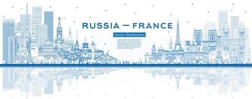 Outline Russia and France skyline with blue buildings and reflections. Famous landmarks. France and Russia concept. Diplomatic relations between countries. vector