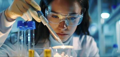 AI generated Woman scientist in lab putting sample in glass cup to test it, women in scientific research, lab experiments, female scientists at work photo