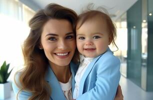 AI generated A smiling young woman holds a baby in a blue jacket and tie, work life balance for women, juggling motherhood and career, successful balance photo