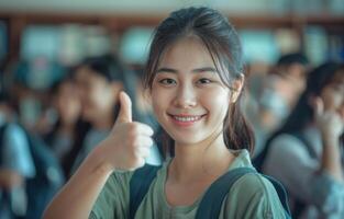 AI generated Female student gives thumbs up showing success and approval, labour day banner photo