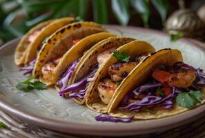 ai generado un plato coronado con tacos presentando A la parrilla Mariscos y rojo repollo, tradicional mexicano comida Foto