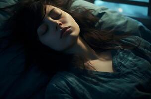 AI generated A woman sleeps peacefully with closed eyes in bed, world sleep day wellness routines, mindfulness practices, sleep exercise atmosphere photo