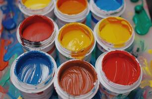 AI generated Colorful paints and brushes ready for painting, world art day photography photo